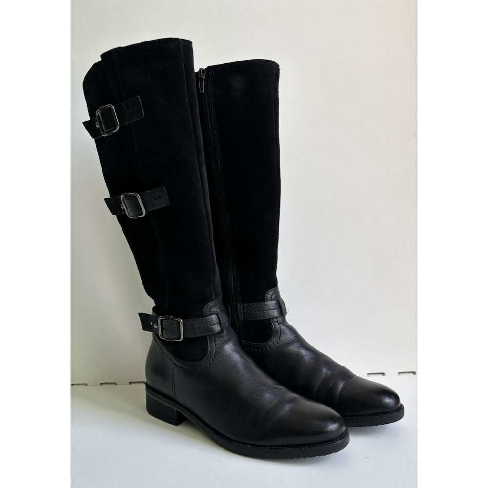 CLARKS Womens Knee High Leather Riding Boots Buckles Adjustable - Size 6.5 Black